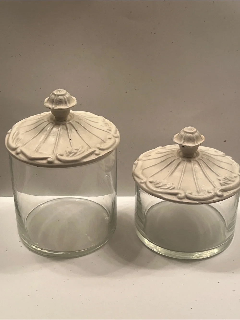 Glass Apothecary Jars with Decorative White Metal Scallop Lids (Set of 2)